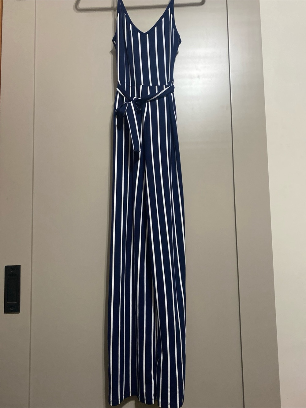 Striped Navy & White Sleeveless Jumpsuit with Waist Tie